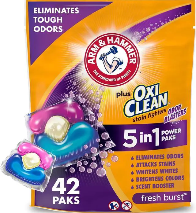 Main image of ARM & HAMMER Plus OxiClean Odor Blasters Laundry Detergent Pak, 42 Count | 5-in-1 Benefits, Eliminates Tough Odors, Attacks Tough Stains, Whitens & Brightens, Fresh Burst Scent