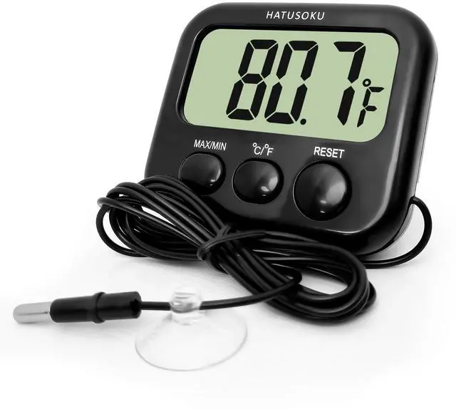Main image of HATUSOKU Digital Thermometer with External Sensor, Magnet, Suction Cup, Water Thermometer, Aquarium, Refrigerator, Freezer (Black)