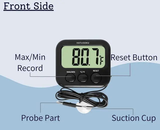 Alt view image 5 of 7 - HATUSOKU Digital Thermometer with External Sensor, Magnet, Suction Cup, Water Thermometer, Aquarium, Refrigerator, Freezer (Black)