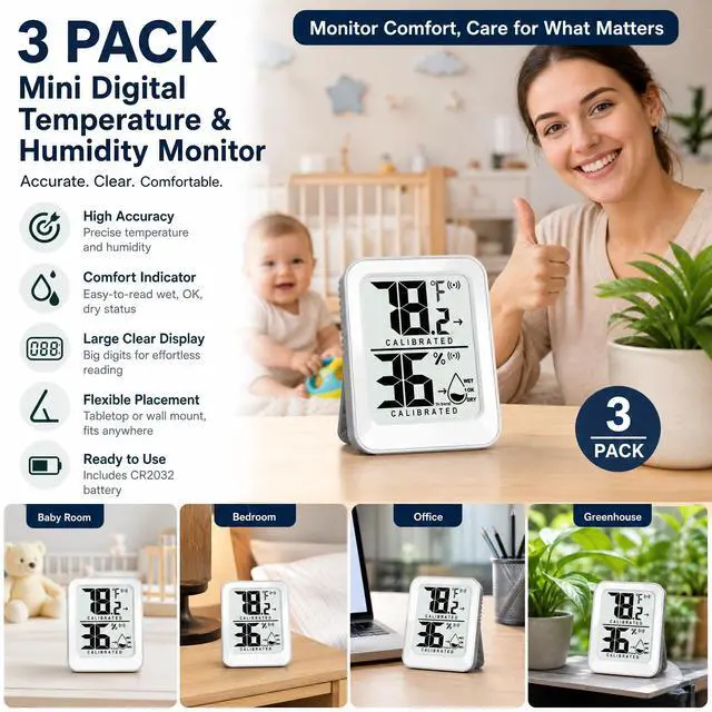 Alt view image 2 of 7 - AyayaBoss 3 Pack Room Thermometer Indoor Hygrometer | Mini Size, Monitor Temperature & Humidity, Accurate Fast Read, Easy To View, Kickstand/Hanging/Wall Adhesive, /, w/ Battery