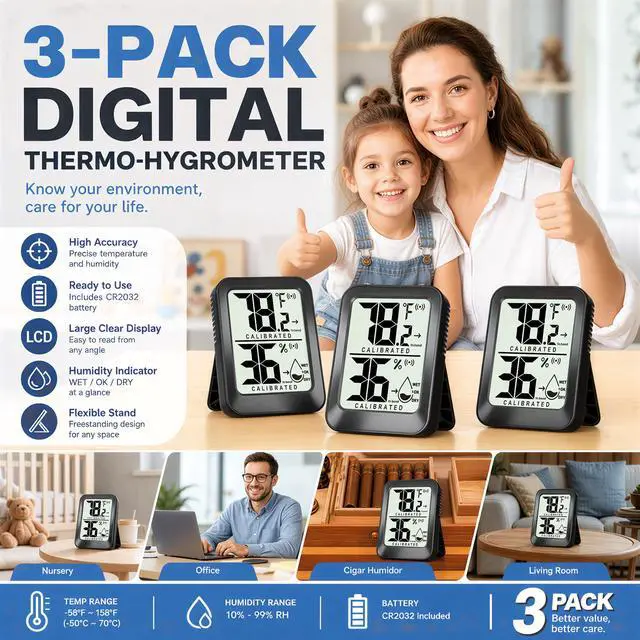 Alt view image 2 of 7 - AyayaBoss 3 Pack Room Thermometer Indoor Hygrometer | Mini Size, Monitor Temperature & Humidity, Accurate Fast Read, Easy To View, Kickstand/Hanging/Wall Adhesive, /, w/ Battery
