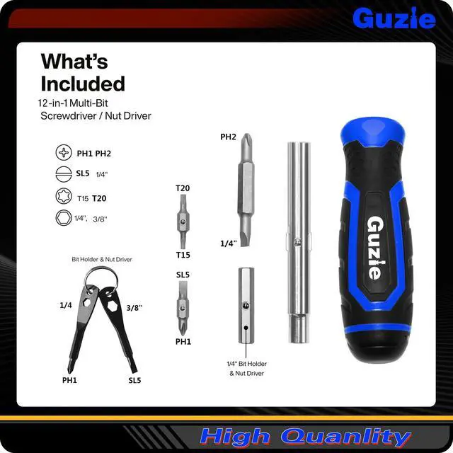 Alt view image 2 of 7 - Guzie 12-in-1 Screwdriver/Nut Driver Set, 12 Bits/3 Nut Drivers | Phillips, Slotted, Torx, Square, 2 Nut Driver Sizes, Cushion Grip Handle