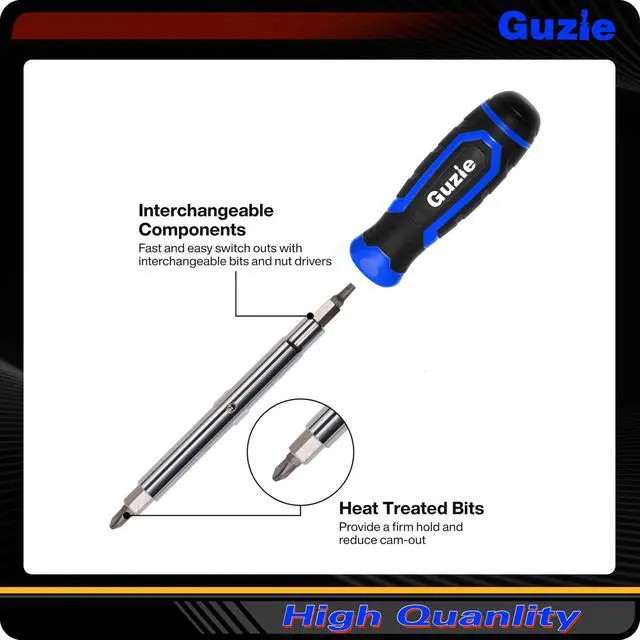 Alt view image 3 of 7 - Guzie 12-in-1 Screwdriver/Nut Driver Set, 12 Bits/3 Nut Drivers | Phillips, Slotted, Torx, Square, 2 Nut Driver Sizes, Cushion Grip Handle