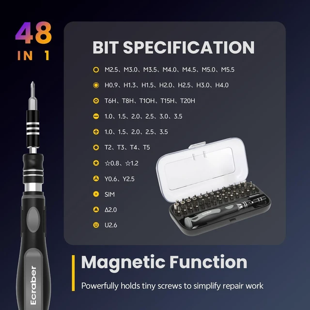 Alt view image 5 of 7 - 48-in-1 Precision Magnetic Tip Screwdriver Sets, Ergonomic Anti-Slip, S2 Steel Small Repair Cleaning Tool Kit for iPhone, Watch, Macbook, Computer, Laptop, PS4 PS5, Xbox, Switch, Glasses