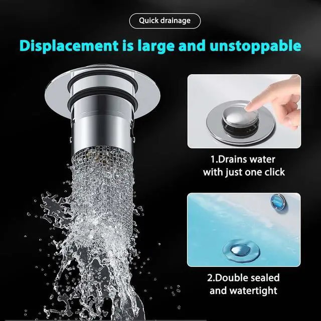Alt view image 2 of 7 - Bathroom Sink Stopper Hair Catcher, Pop Up Drain Plug with Strainer and Filter Basket, Universal Replacement Cover, 2 Pack