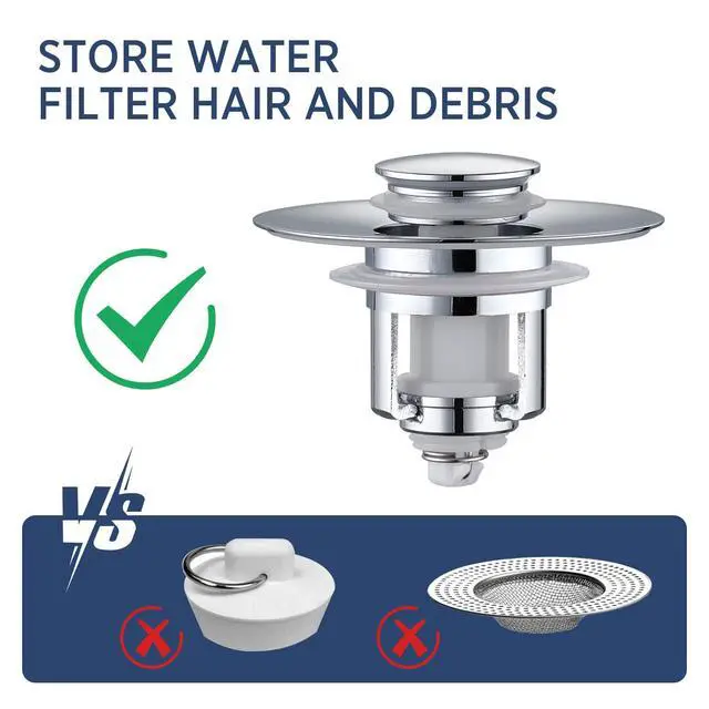 Alt view image 4 of 6 - ADKADI Universal 2 in 1Bathroom Sink Stopper, 2 Pack Pop Up Bathroom Sink Drain Strainer for 1.06"-1.65" Basin Drain Holes, Anti Clogging Drain Filter(Chrome Silver)