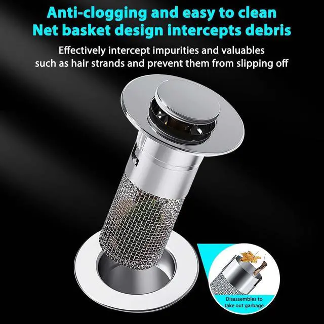Alt view image 3 of 7 - Bathroom Sink Stopper Hair Catcher, Pop Up Drain Plug with Strainer and Filter Basket, Universal Replacement Cover, 2 Pack