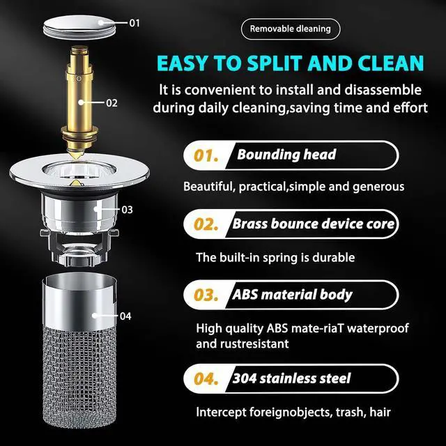 Alt view image 6 of 7 - Bathroom Sink Stopper Hair Catcher, Pop Up Drain Plug with Strainer and Filter Basket, Universal Replacement Cover, 2 Pack