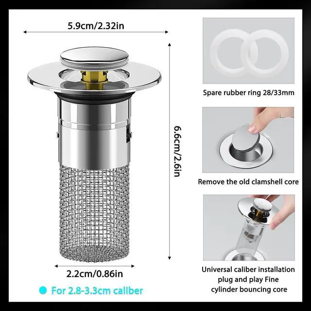 Alt view image 7 of 7 - Bathroom Sink Stopper Hair Catcher, Pop Up Drain Plug with Strainer and Filter Basket, Universal Replacement Cover, 2 Pack