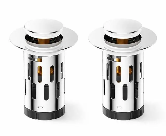 Main image of Pop-Up Bathroom Sink Drain Stopper with Strainer Basket, Stainless Steel, Anti-Clog Hair Catcher, Fast Drainage, Fits Diameter1.1-2 Inch Pipes, 2-Pack