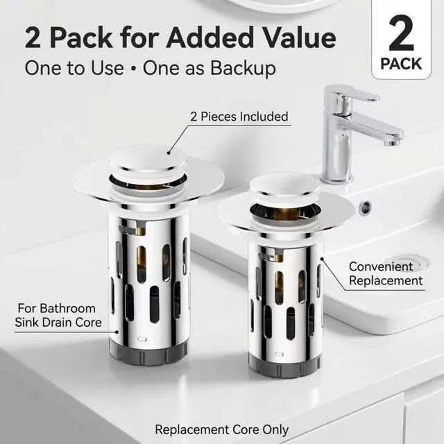Alt view image 2 of 7 - Pop-Up Bathroom Sink Drain Stopper with Strainer Basket, Stainless Steel, Anti-Clog Hair Catcher, Fast Drainage, Fits Diameter1.1-2 Inch Pipes, 2-Pack
