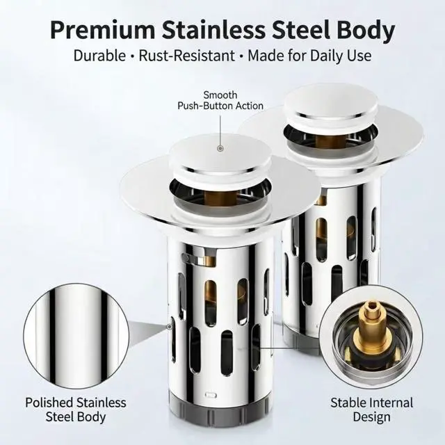 Alt view image 3 of 7 - Pop-Up Bathroom Sink Drain Stopper with Strainer Basket, Stainless Steel, Anti-Clog Hair Catcher, Fast Drainage, Fits Diameter1.1-2 Inch Pipes, 2-Pack