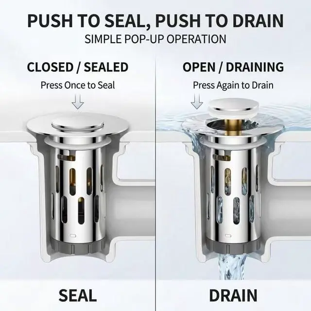 Alt view image 4 of 7 - Pop-Up Bathroom Sink Drain Stopper with Strainer Basket, Stainless Steel, Anti-Clog Hair Catcher, Fast Drainage, Fits Diameter1.1-2 Inch Pipes, 2-Pack