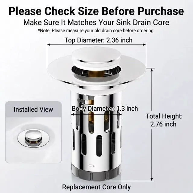 Alt view image 5 of 7 - Pop-Up Bathroom Sink Drain Stopper with Strainer Basket, Stainless Steel, Anti-Clog Hair Catcher, Fast Drainage, Fits Diameter1.1-2 Inch Pipes, 2-Pack