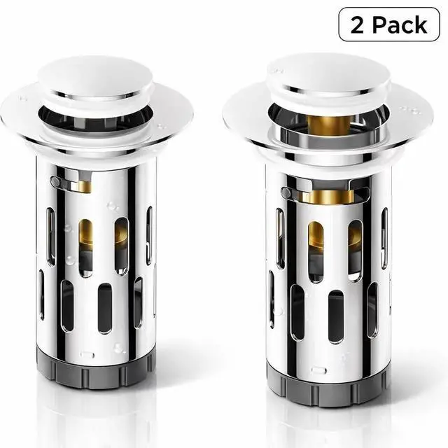 Alt view image 6 of 7 - Pop-Up Bathroom Sink Drain Stopper with Strainer Basket, Stainless Steel, Anti-Clog Hair Catcher, Fast Drainage, Fits Diameter1.1-2 Inch Pipes, 2-Pack