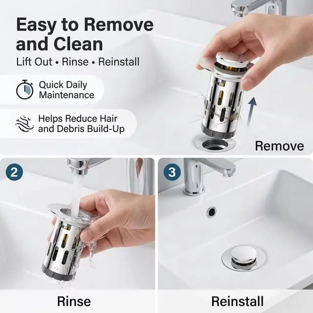 Alt view image 7 of 7 - Pop-Up Bathroom Sink Drain Stopper with Strainer Basket, Stainless Steel, Anti-Clog Hair Catcher, Fast Drainage, Fits Diameter1.1-2 Inch Pipes, 2-Pack