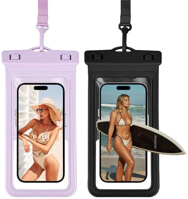 Main image of Trazzic Waterproof Phone Pouch, with Card Holder Inside, Large Waterproof Case Compatible with iPhone 17 16 15 14 13 Pro Max, Beach Cruise Essentials, 2 Pack, Purple and Black