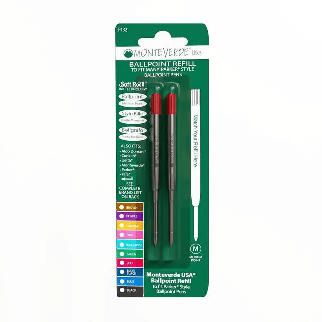 Main image of Monteverde Parker Style Ballpoint Refill, Medium, Red, 2 Pack | Smooth, reliable ballpoint refill made for everyday writing, forms, notes, signatures, and work use.