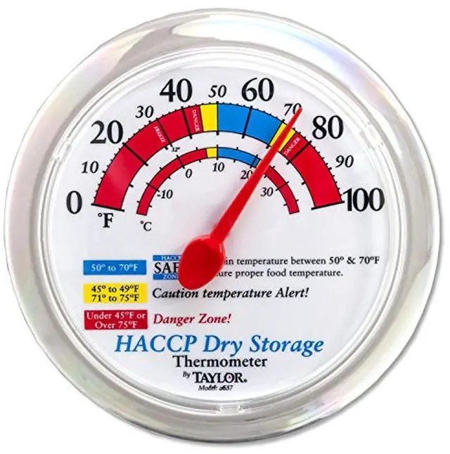 Main image of Prep and Dry Storage Wall Thermometer with Mounting Bracket, Color-Coded Temperature Zones for Dry Storage Food, Silver | 6 Inch Dial with Color-Coded Temperature Zones, Easy-Read Numerals