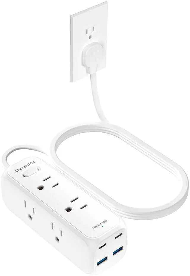 Main image of Olcorife Flat Plug Power Strip with 3 FT Extension Cord, 6 Outlets 4 USB Ports(2 USB C), 3 Sided Outlet Extender for Home Office Travel Dorm Room Essentials, White