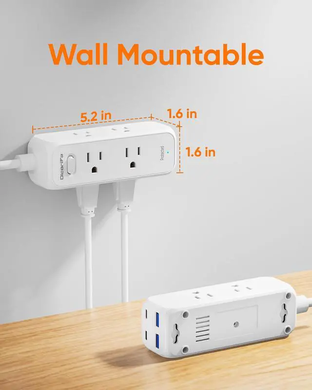 Alt view image 7 of 7 - Olcorife Flat Plug Power Strip with 3 FT Extension Cord, 6 Outlets 4 USB Ports(2 USB C), 3 Sided Outlet Extender for Home Office Travel Dorm Room Essentials, White