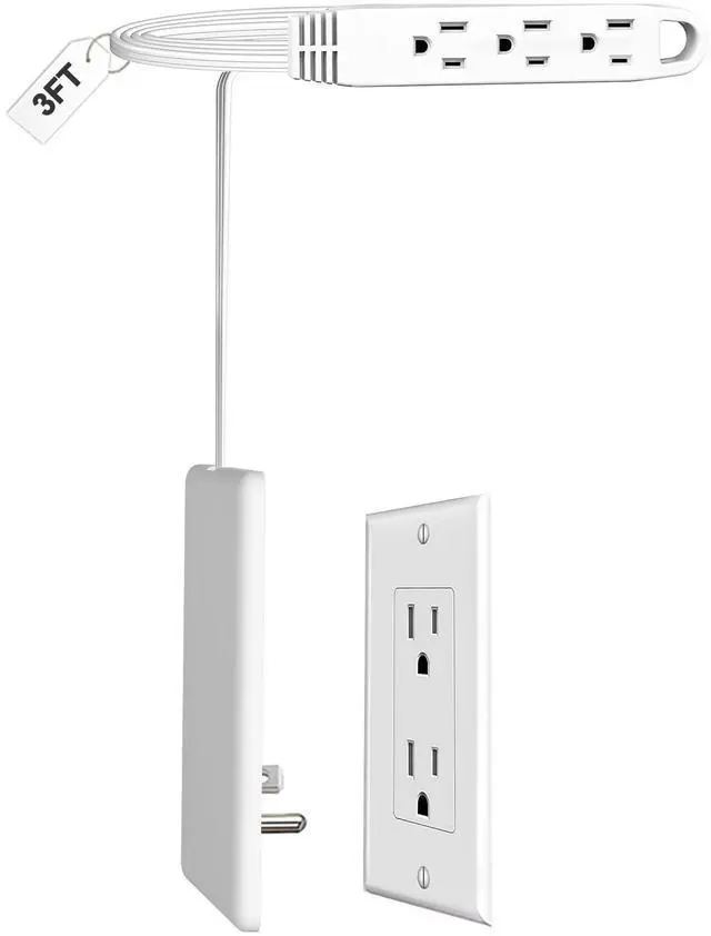 Main image of CABOCASA 3FT Flat Plug Extension Cord Power Strip 3 Outlets White Upward | Cord Upward, Multi Outlets, Detachable Ultra-Thin Outlet Cover Concealer, Ultra-Flat Plug, Max. 13A 125V 1625W, ETL Listed