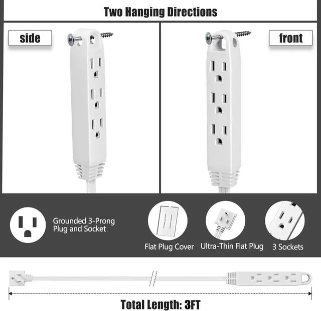 Alt view image 2 of 7 - CABOCASA 3FT Flat Plug Extension Cord Power Strip 3 Outlets White Upward | Cord Upward, Multi Outlets, Detachable Ultra-Thin Outlet Cover Concealer, Ultra-Flat Plug, Max. 13A 125V 1625W, ETL Listed