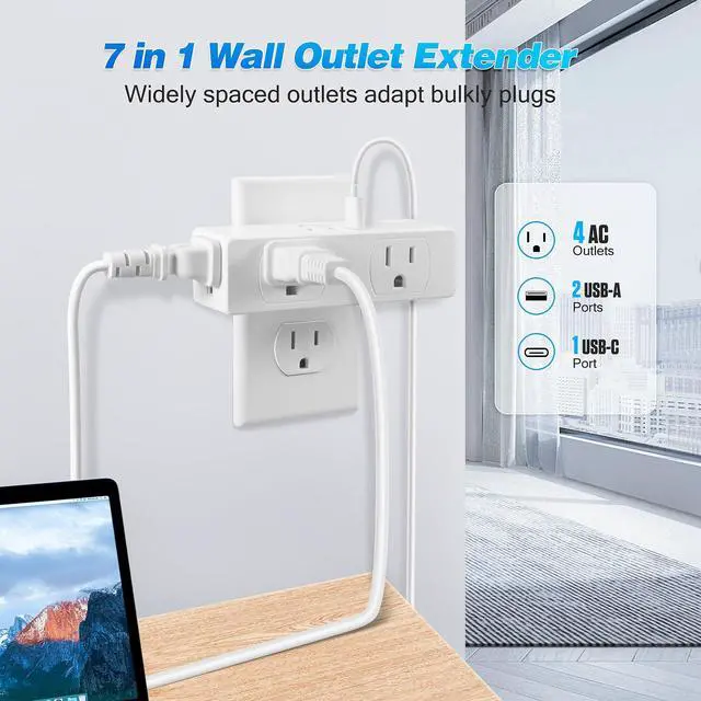 Alt view image 2 of 6 - Surge Protector Outlet Extender, 4AC Multi Plug Wall Outlet with 3USB Ports | Multiple Plugs in One Outlet, 3-Sided Power Strip with 2 USB A 1 USB C Charging Port for Home, Office, Travel