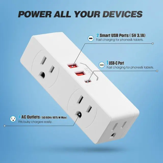 Alt view image 3 of 6 - Surge Protector Outlet Extender, 4AC Multi Plug Wall Outlet with 3USB Ports | Multiple Plugs in One Outlet, 3-Sided Power Strip with 2 USB A 1 USB C Charging Port for Home, Office, Travel