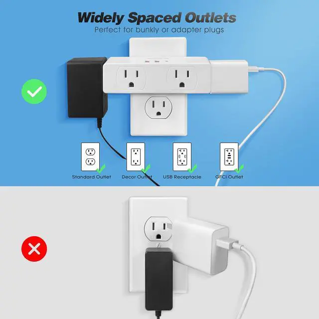 Alt view image 6 of 6 - Surge Protector Outlet Extender, 4AC Multi Plug Wall Outlet with 3USB Ports | Multiple Plugs in One Outlet, 3-Sided Power Strip with 2 USB A 1 USB C Charging Port for Home, Office, Travel
