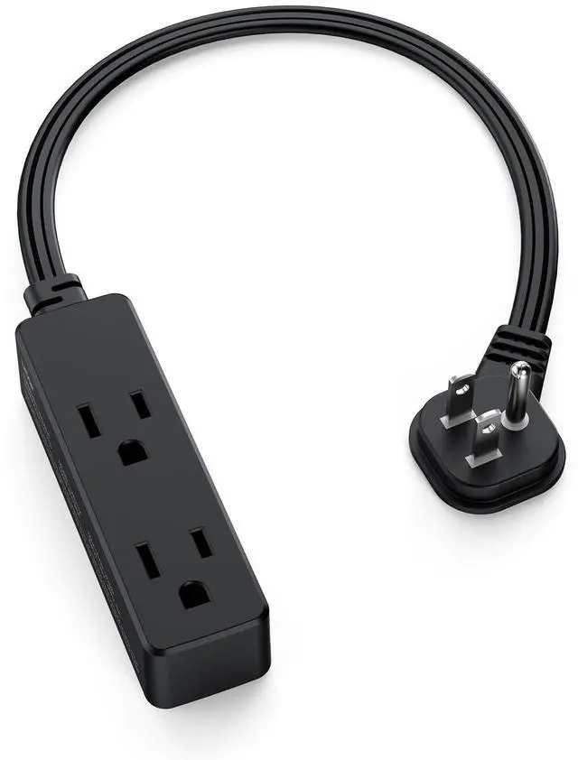 Main image of Flat Plug Extension Cord with 3 Outlets - 1Ft Low Profile Indoor 3 Prong Grounded Power Strip for Home Office & Travel - 16 AWG 13A/1625W, Black