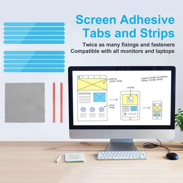 Alt view image 5 of 6 - 12pcs Privacy Adhesive Screen Tape Strips and 2pcs Plastic Slide Mount Tabs | for Computer Monitors with Microfiber Cloth for Easily Installing Privacy Laptop Screen Protector - Replacement Kits