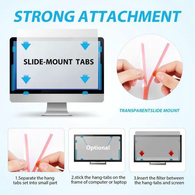 Alt view image 4 of 6 - 12pcs Privacy Adhesive Screen Tape Strips and 2pcs Plastic Slide Mount Tabs | for Computer Monitors with Microfiber Cloth for Easily Installing Privacy Laptop Screen Protector - Replacement Kits