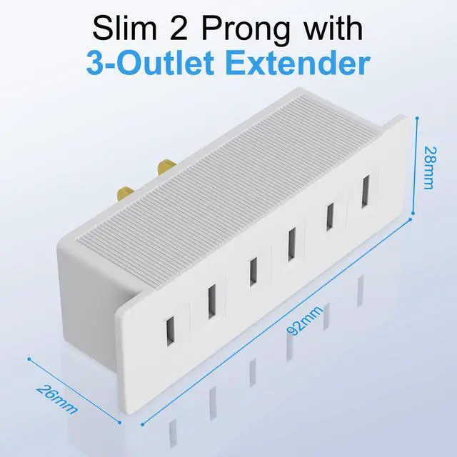 Alt view image 3 of 5 - 2 Prong Power Strip 3-Outlet Extender, 2-Prong to 2-Prong Triple Outlet Converter, Multi Plug Outlet Adapter, Wall Tap, Travel Essentials, Polarized, ETL Listed, for Home, Office, School