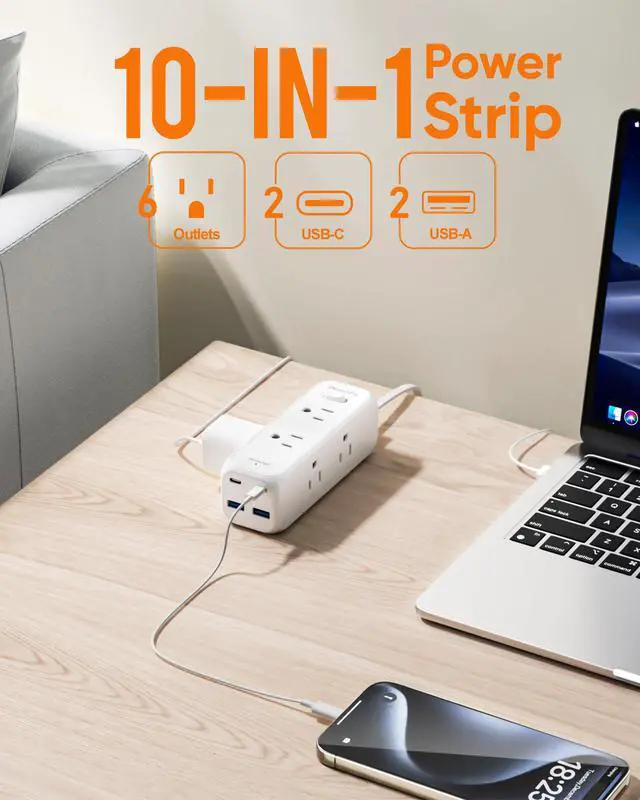 Alt view image 2 of 7 - Olcorife Flat Plug Power Strip with 3 FT Extension Cord, 6 Outlets 4 USB Ports(2 USB C), 3 Sided Outlet Extender for Home Office Travel Dorm Room Essentials, White