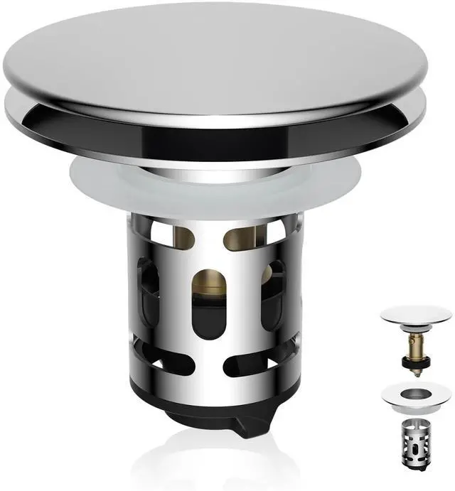 Main image of Metal Bathroom Sink Stopper Hair Catcher, Pop-Up Strainer, Chrome | Drainage Adjusted Sink Drain Strainer with Removable Basket, Drain Plug Fit 1.1"-2.36" Basin, Big Cover Cap/Brass Bounce Core