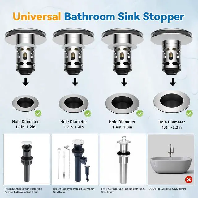 Alt view image 2 of 7 - Metal Bathroom Sink Stopper Hair Catcher, Pop-Up Strainer, Chrome | Drainage Adjusted Sink Drain Strainer with Removable Basket, Drain Plug Fit 1.1"-2.36" Basin, Big Cover Cap/Brass Bounce Core