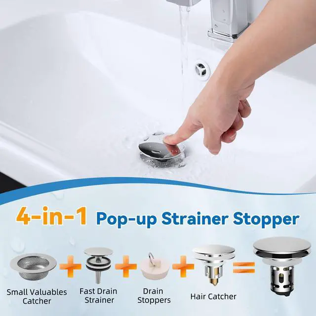Alt view image 5 of 7 - Metal Bathroom Sink Stopper Hair Catcher, Pop-Up Strainer, Chrome | Drainage Adjusted Sink Drain Strainer with Removable Basket, Drain Plug Fit 1.1"-2.36" Basin, Big Cover Cap/Brass Bounce Core