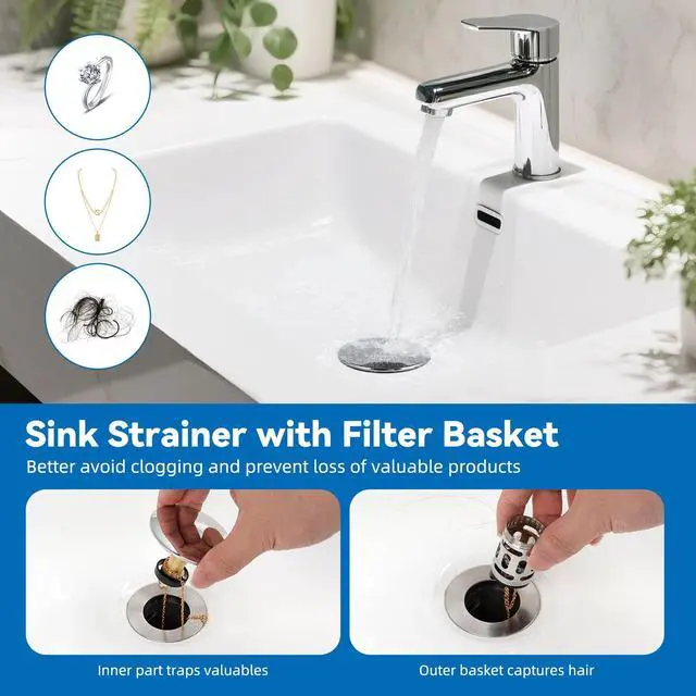 Alt view image 7 of 7 - Metal Bathroom Sink Stopper Hair Catcher, Pop-Up Strainer, Chrome | Drainage Adjusted Sink Drain Strainer with Removable Basket, Drain Plug Fit 1.1"-2.36" Basin, Big Cover Cap/Brass Bounce Core