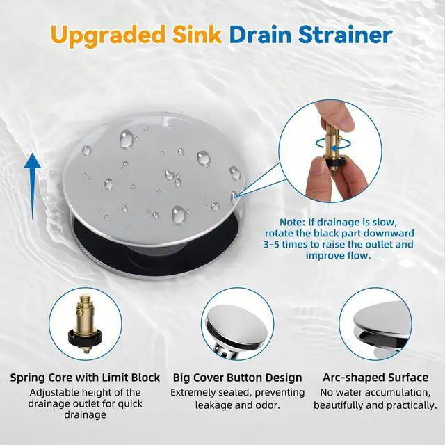 Alt view image 4 of 7 - Metal Bathroom Sink Stopper Hair Catcher, Pop-Up Strainer, Chrome | Drainage Adjusted Sink Drain Strainer with Removable Basket, Drain Plug Fit 1.1"-2.36" Basin, Big Cover Cap/Brass Bounce Core
