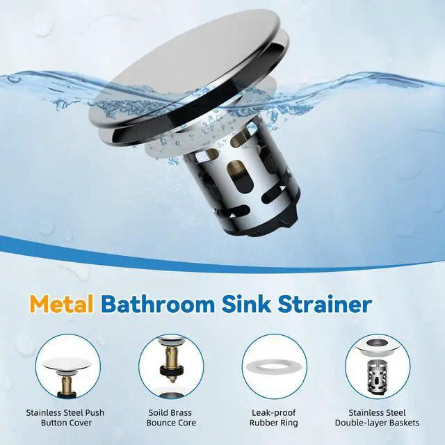 Alt view image 3 of 7 - Metal Bathroom Sink Stopper Hair Catcher, Pop-Up Strainer, Chrome | Drainage Adjusted Sink Drain Strainer with Removable Basket, Drain Plug Fit 1.1"-2.36" Basin, Big Cover Cap/Brass Bounce Core