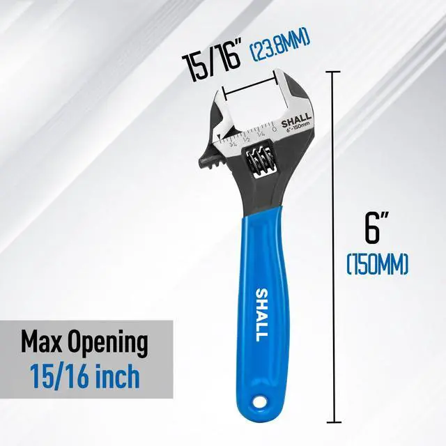 Alt view image 2 of 7 - SHALL 6 Inch Adjustable Wrench, Cr-V Steel Spanner with Cushion Grip, Wide Jaw Black Oxide Wrench with Laser-etched SAE Scales for Home, Garage, Workshop and DIY