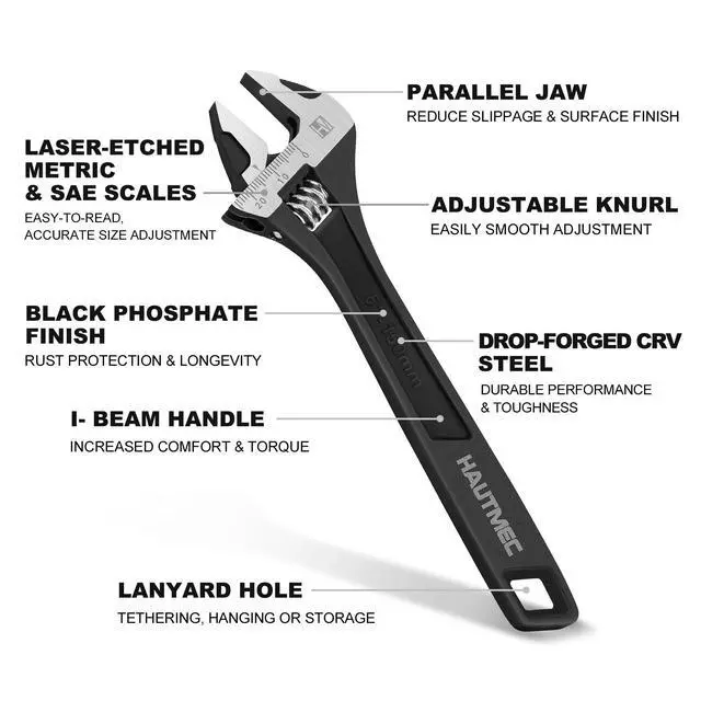 Alt view image 2 of 7 - HAUTMEC 6 inch Adjustable Wrench Extra Wide Jaw Black Finish Adjustable Wrenches Drop-Forged CR-V Steel Metric & SAE Scales for Home Garage Workshop DIY
