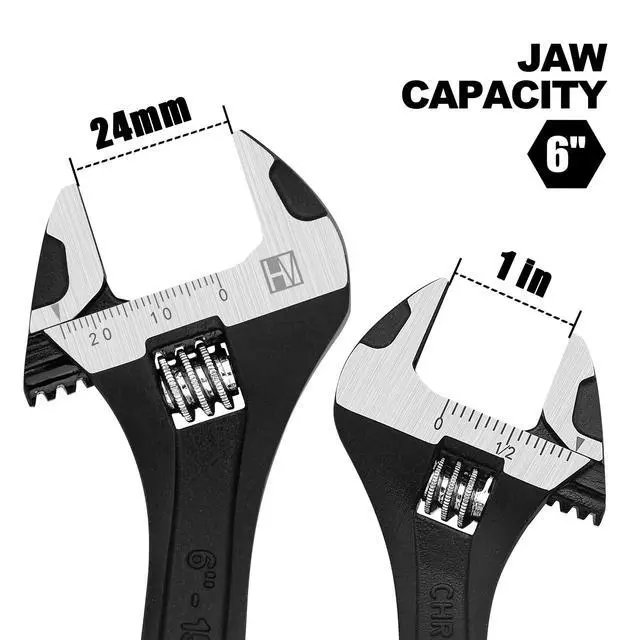 Alt view image 3 of 7 - HAUTMEC 6 inch Adjustable Wrench Extra Wide Jaw Black Finish Adjustable Wrenches Drop-Forged CR-V Steel Metric & SAE Scales for Home Garage Workshop DIY