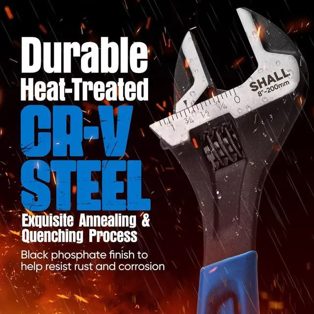 Alt view image 3 of 7 - SHALL 8 Inch Adjustable Wrench, Cr-V Steel Spanner with Cushion Grip, Wide Jaw Black Oxide Wrench with Laser-etched SAE Scales for Home, Garage, Workshop and DIY