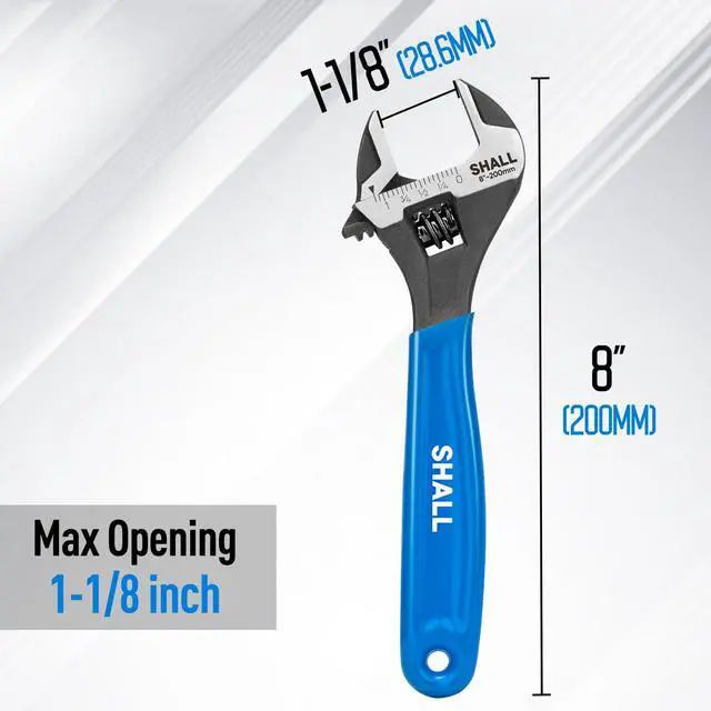 Alt view image 2 of 7 - SHALL 8 Inch Adjustable Wrench, Cr-V Steel Spanner with Cushion Grip, Wide Jaw Black Oxide Wrench with Laser-etched SAE Scales for Home, Garage, Workshop and DIY