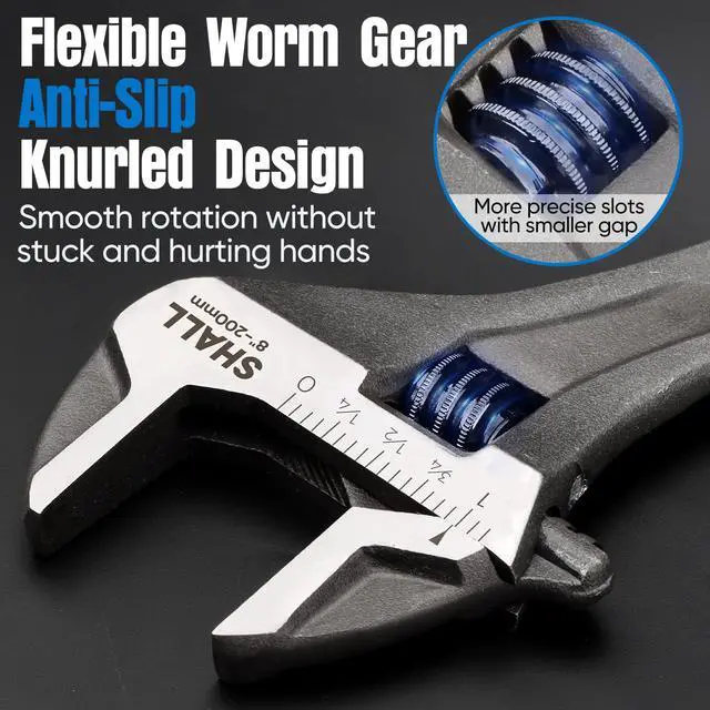 Alt view image 5 of 7 - SHALL 8 Inch Adjustable Wrench, Cr-V Steel Spanner with Cushion Grip, Wide Jaw Black Oxide Wrench with Laser-etched SAE Scales for Home, Garage, Workshop and DIY