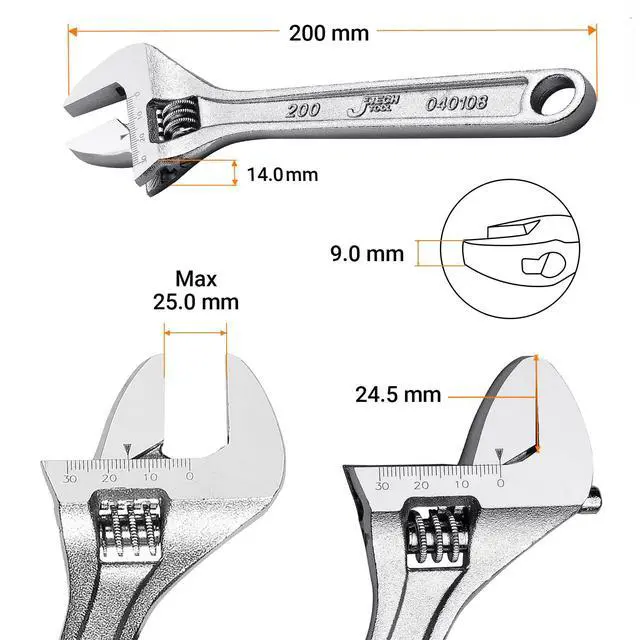 Alt view image 2 of 7 - Jetech 8-Inch Adjustable Wrench - Professional Spanner Cr-V Steel Shifter Spanner with Metric Scale Wide Caliber Opening, for Home, Garage, Workshop and DIY