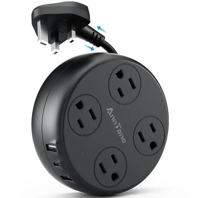 Main image of UK Travel Plug Adapter - Retractable Power Strip with 4 AC Outlets & 3 USB Ports (USB-C), Type G Adapter for US to UK, Ireland, Scotland, Hong Kong, Dubai (Black)
