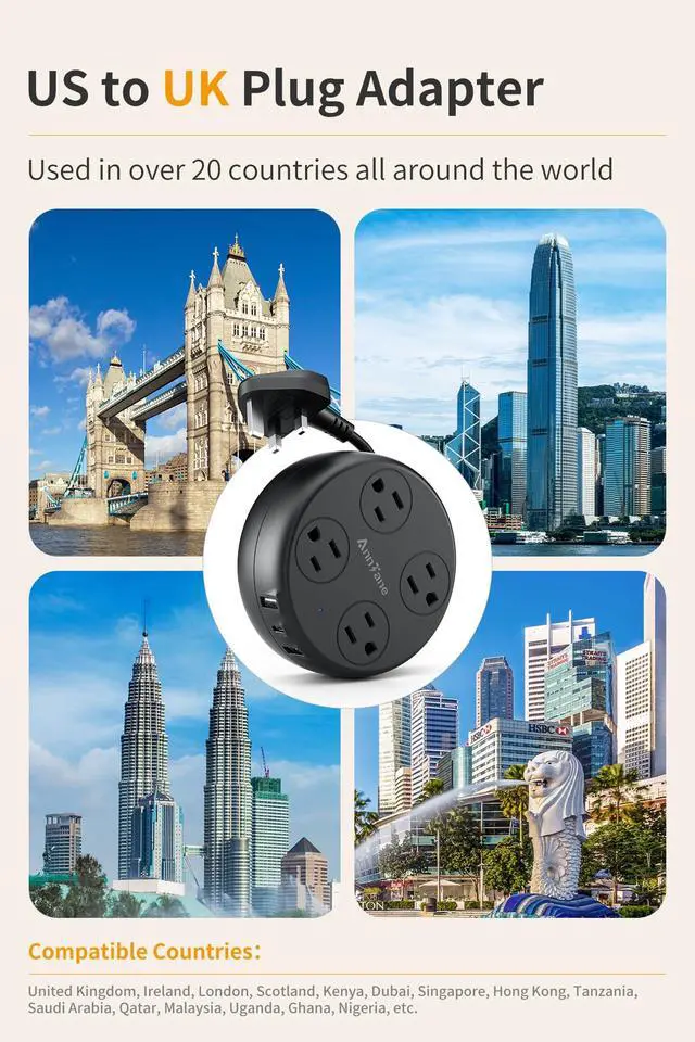 Alt view image 2 of 7 - UK Travel Plug Adapter - Retractable Power Strip with 4 AC Outlets & 3 USB Ports (USB-C), Type G Adapter for US to UK, Ireland, Scotland, Hong Kong, Dubai (Black)
